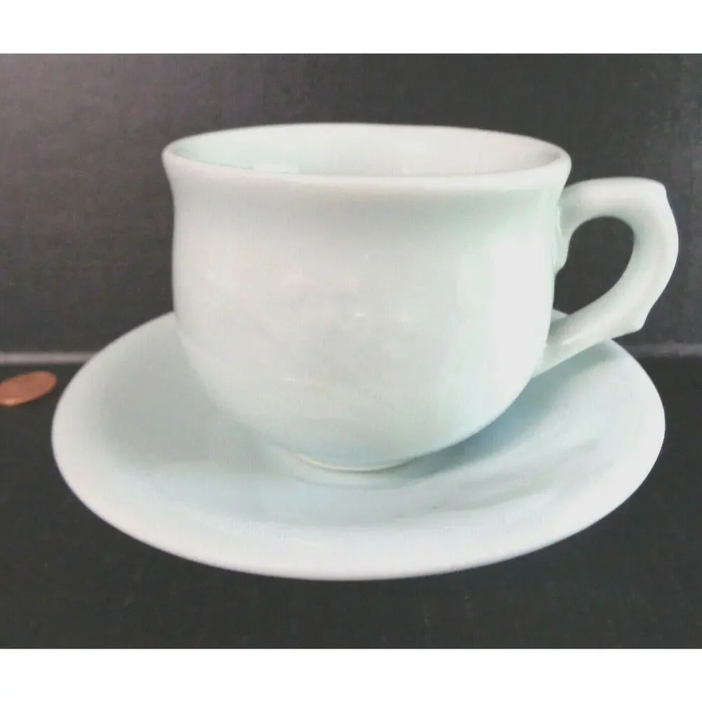 Green Jadeite Tea Cup Saucer Set Coffee Mug Raised Asian Flower Vtg Milk Glass
